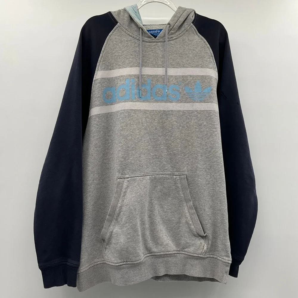 Thrashed Adidas Hoodie Gray Navy Blue Trefoil Logo Size M Sweatshirt Sporty